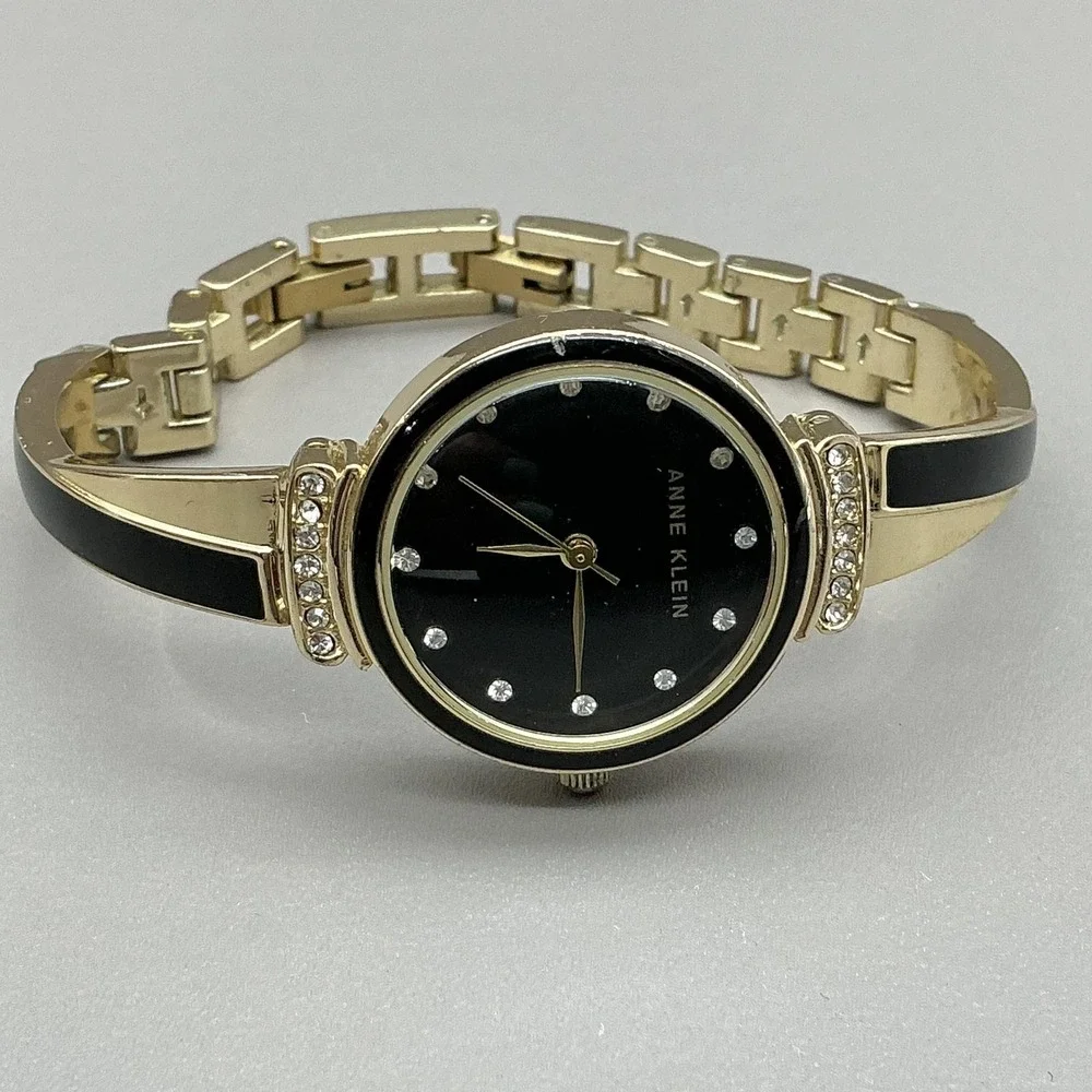 Anne Klein Womens Watch Gold Tone Black Dial Crystal Bangle Bracelet Quartz
